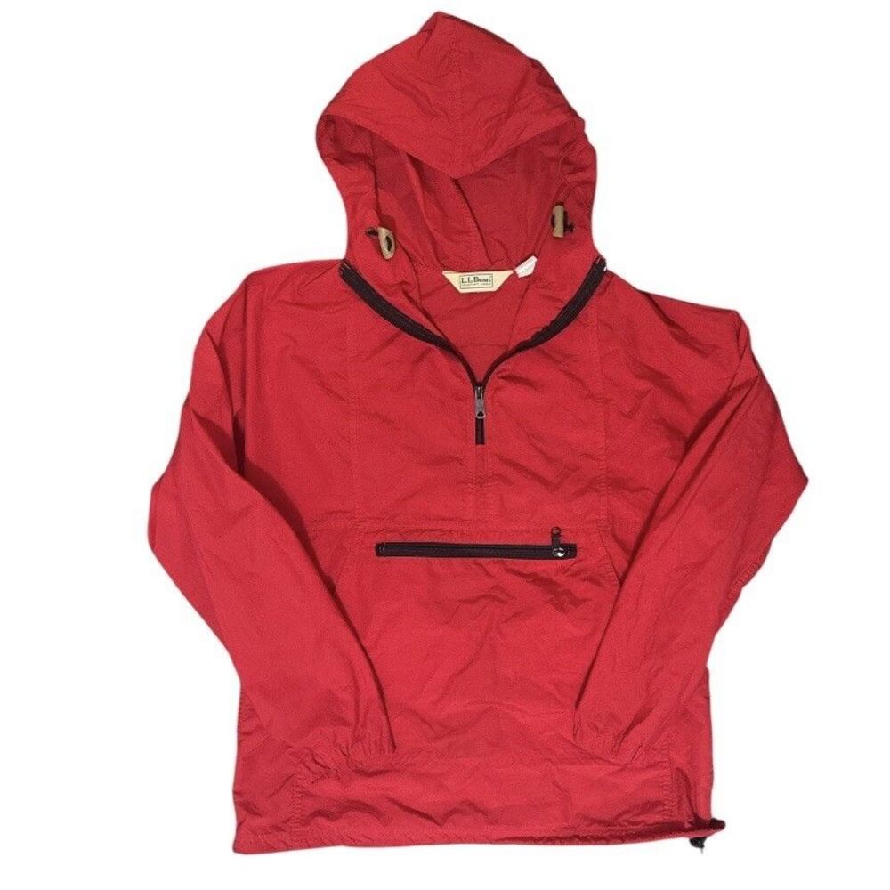 Vintage 90s LL Bean Jacket Hooded Anorak Red Pullover Made in USA Size M Outdoor